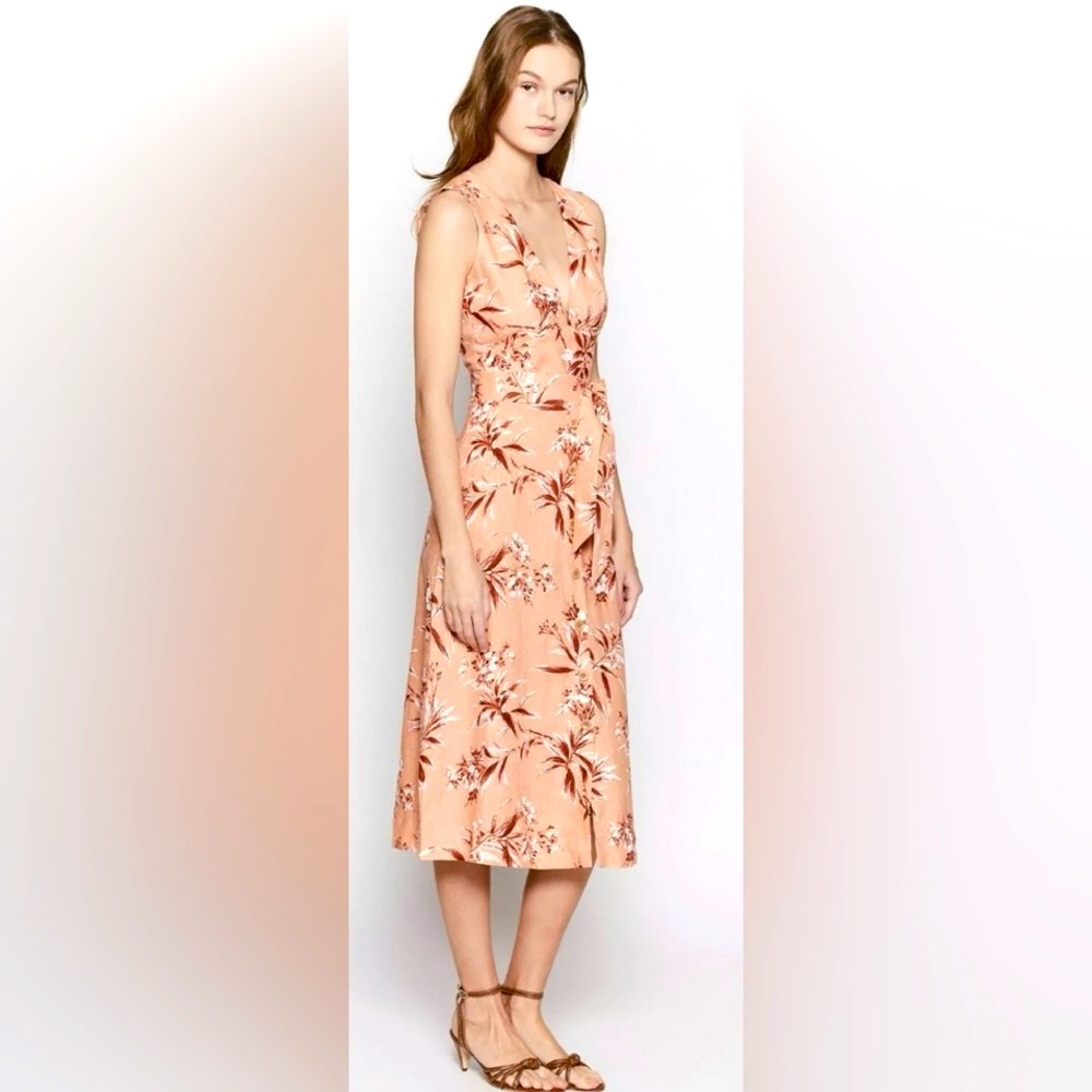 Joie Ethelda Blush Linen Midi Dress Floral Quiet Luxury, Wedding Guest